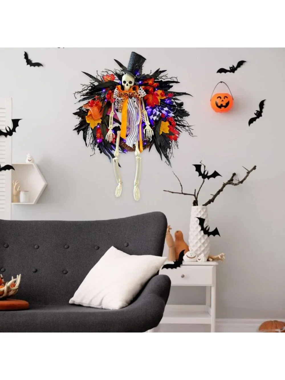 28-Inch Lighted Halloween Skeleton Wreath | Gothic Dark Aesthetic Door Decor